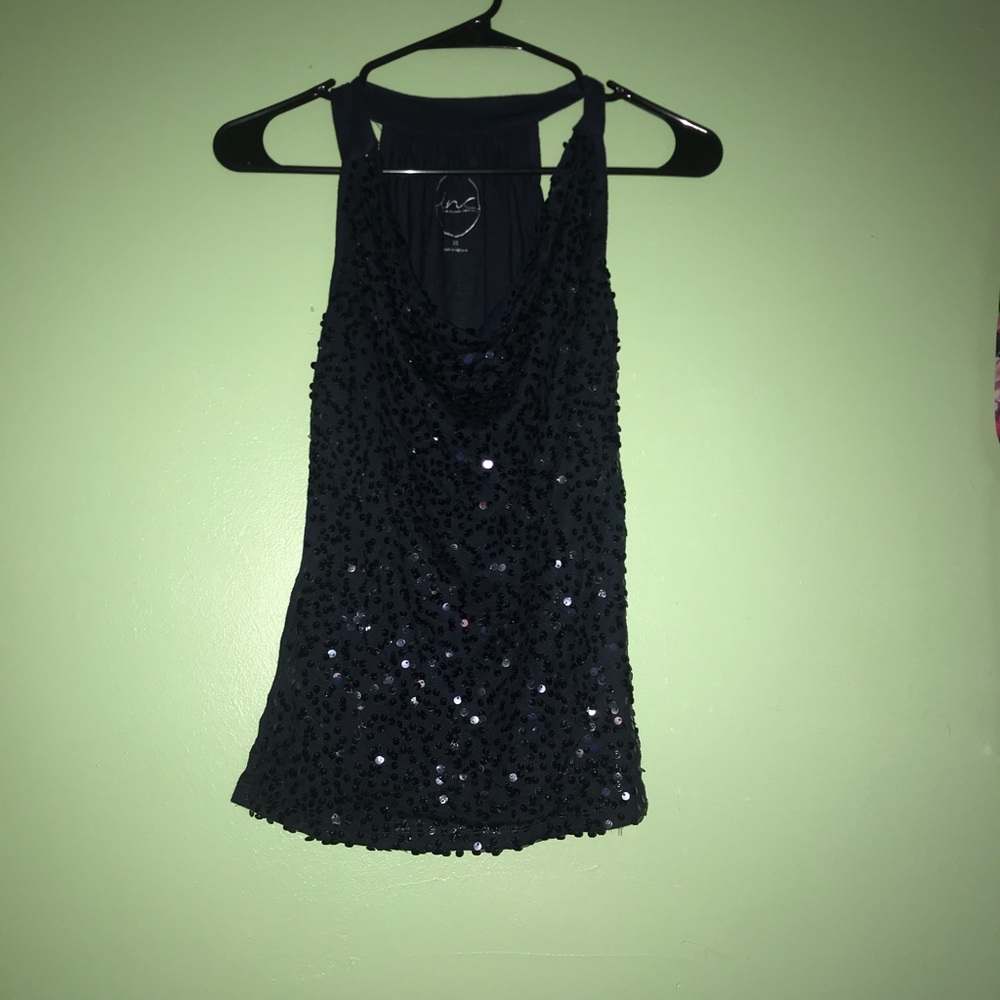 Inc blouse navy blue glitter front xs